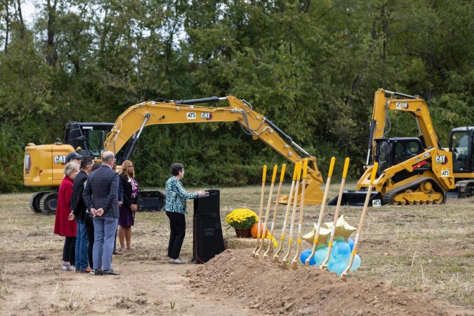 Mayor Linda Gorton and members of the city council break ground for Cardinal Run North Park in Lexington, Ky, Wednesday, October 11, 2023. The land for Cardinal Run North Park was bought in 1997 and will have 137 acres.