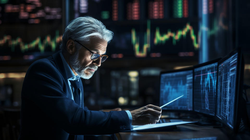 A skilled senior trader executing an order in a fast paced trading environment.