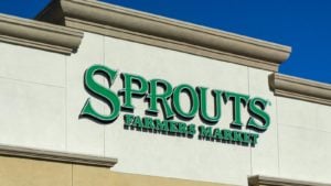 An exterior sign on a Sprouts Farmers Market (SFM) store in Granada Hills, California.