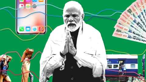 Montage of Narendra Modi, a smartphone, Indian rupees, a train and passengers