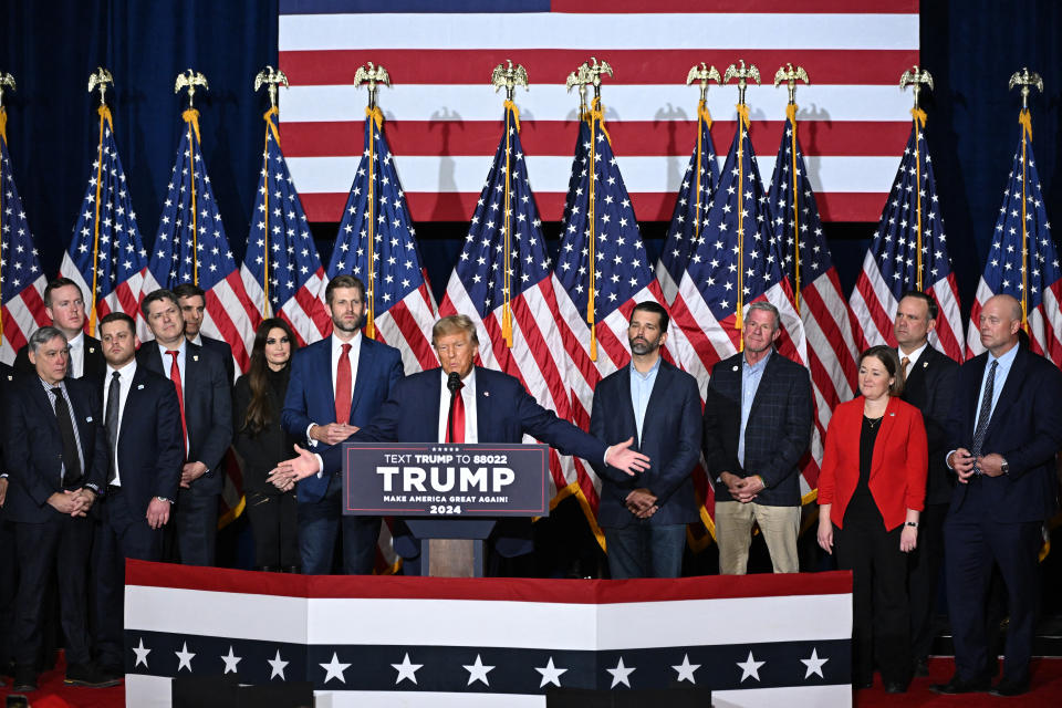 TOPSHOT - Former US President and Republican presidential hopeful Donald Trump speaks at a watch party during the 2024 Iowa Republican presidential caucuses in Des Moines, Iowa, on January 15, 2024. Trump told Americans Monday 