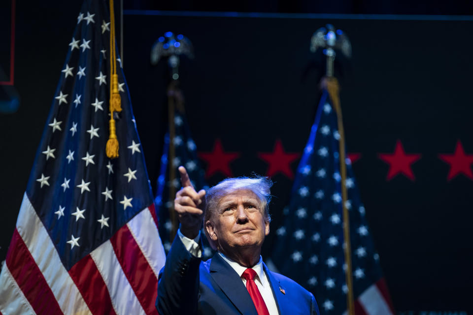 Davenport, Iowa - March 13 : Former President Donald Trump speaks during an event at the Adler Theatre on Monday, March 13, 2023, in Davenport, Iowa. (Photo by Jabin Botsford/The Washington Post via Getty Images)