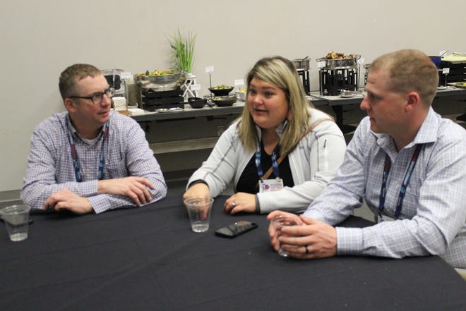 Young soybean farmers Shawn (right) and Tera Baker (center) visit with Danny Brisky (left) from Columbus, Wisconsin at the conclusion of the 2023-2024 American Soybean Association ASA/Corteva Agriscience Young Leaders Program during the 2024 Commodity Classic held in Houston, Texas February 28 to March 1, 2024. They were members of the 40th group of young soybean farmer leaders to have been selected by the state soybean associations to participate in the program. The group of 45 participants, comprised of a married couple or one state member selected by the state soybean association, begins their studies with a fall meeting and concludes with a series of sessions during the Commodity Classic event the following spring. Young soybean farmers interested in participation in the program are encouraged to contact their respective state soybean associations for details.