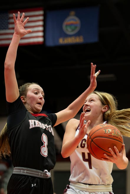 Silver Lake's Kailyn Hanni (4) shoots the ball against Hesston's Kendal Brueggen (3) during State Basketball Championships March. 9, 2024 at Hutchinson Sports Arena.