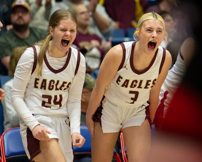 Silver Lake's Savanah Wende (24) and Silver Lake's Jaiden Wise (3) react after scoring in the fourth quarter during State Basketball Championships March. 9, 2024 at Hutchinson Sports Arena.