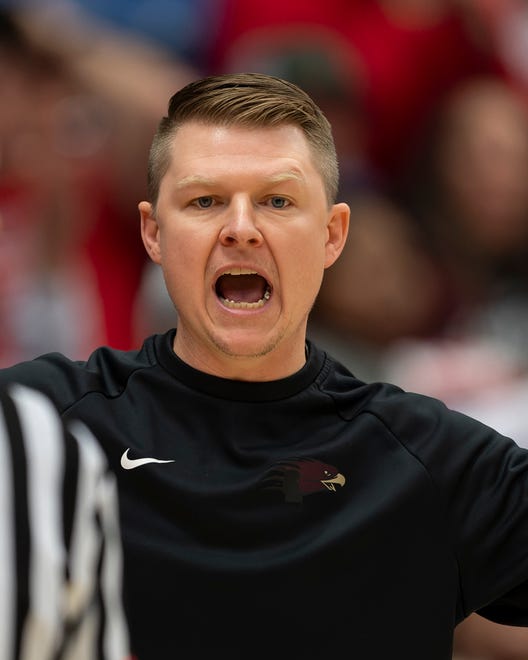 Silver Lake's head coach Kyle Porter reacts during the fourth quarter during State Basketball Championships March. 9, 2024 at Hutchinson Sports Arena.