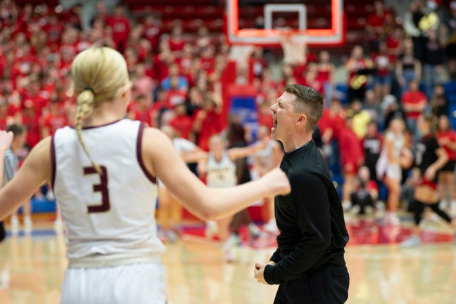 Silver Lake's head coach Kyle Porter reacts after defeating Hesston during State Basketball Championships March. 9, 2024 at Hutchinson Sports Arena.