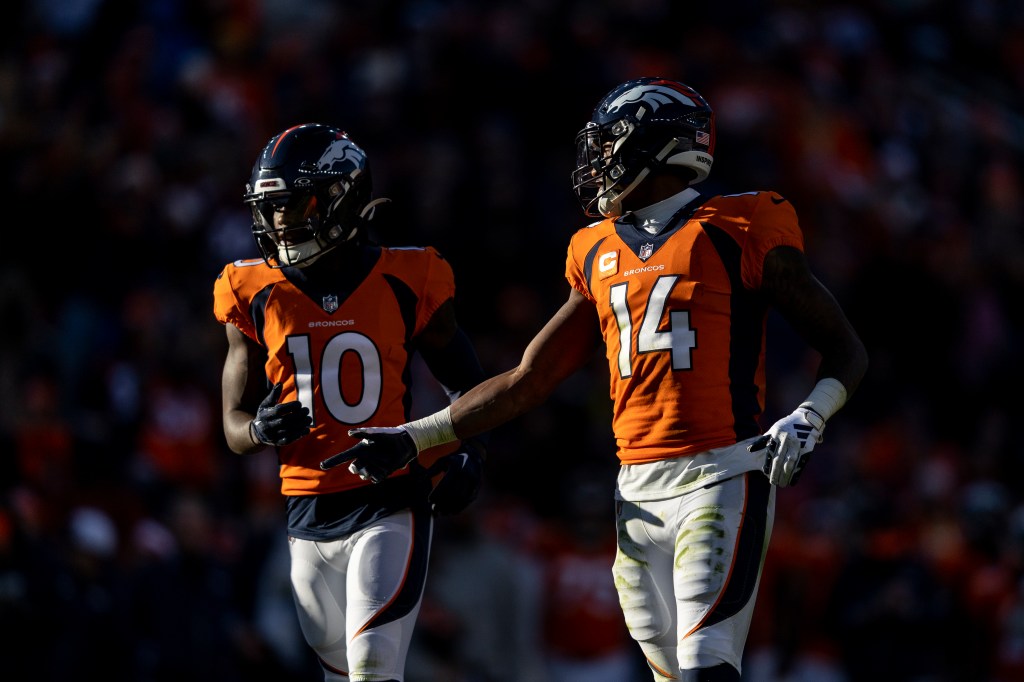Jerry Jeudy (10) and Courtland Sutton (14) line up during an NFL football game between the Denver Broncos and the Cleveland Browns on November 26, 2023 in Denver, Colorado. 