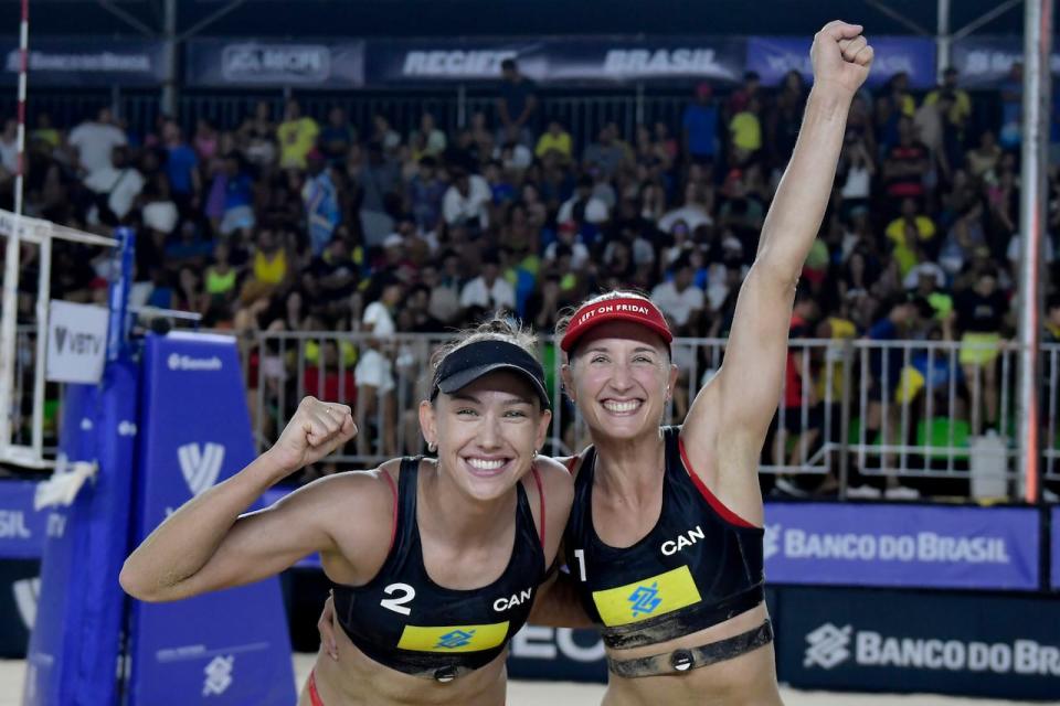 Heather Bansley, right, and Sophie Bukovec of Canada won silver on Sunday at the Volleyball World Beach Pro Tour Recife Challenge tournament in Recife, Brazil, after falling to Latvia in the final. (@VBallCanada/X - image credit)