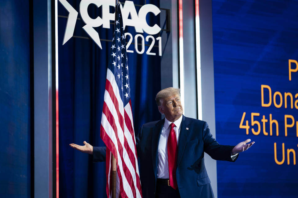 ORLANDO, FL - FEBRUARY 28: Former President Donald J Trump walks out to speak during the final day of the Conservative Political Action Conference CPAC held at the Hyatt Regency Orlando on Sunday, Feb 28, 2021 in Orlando, FL. (Photo by Jabin Botsford/The Washington Post via Getty Images)