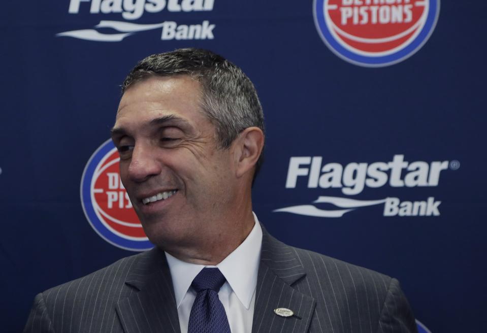 Flagstar Bank President and CEO Alessandro DiNello is seen during a news conference after the bank was named as a corporate sponsor of the team's jersey, Wednesday, July 26, 2017, in Detroit. The multi-year corporate partnership deal brands Flagstar Bank as the franchise's first-ever jersey partner. Detroit becomes the tenth NBA team to announce a jersey partner. (AP Photo/Carlos Osorio)