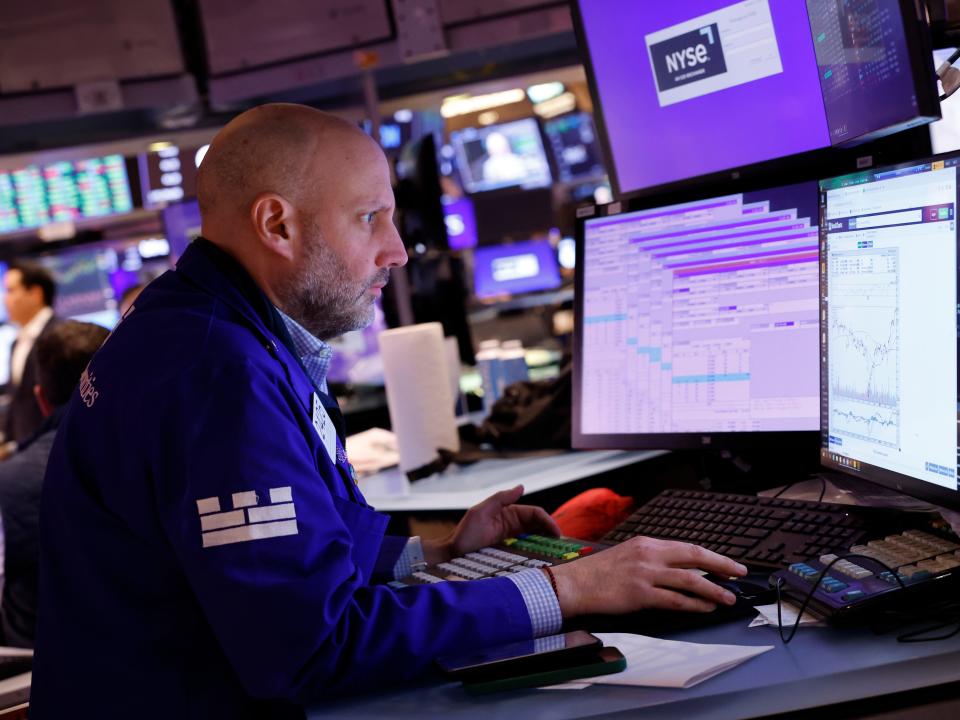 raders work on the floor of the New York Stock Exchange during afternoon trading on March 27, 2024 in New York City.