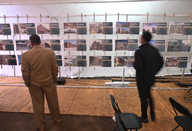 Pictures of some of the 71 affordable housing projects built, or are under construction, in the last 5 years, during a celebrations for the $1 billions dollars reached in affordable housing during a press conference in Detroit, Michigan on April 12, 2024.