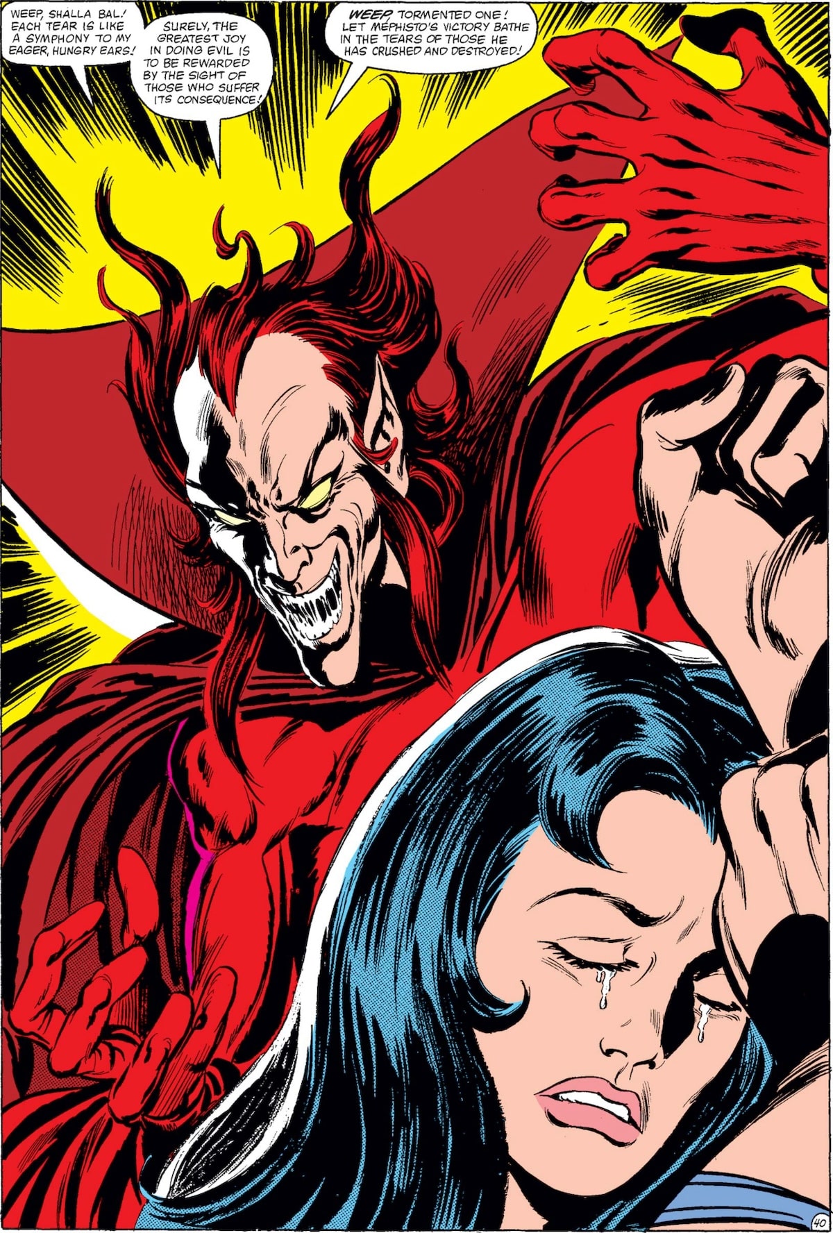 Shalla-Bal cries in the foreground as Mephisto laughs at her. 
