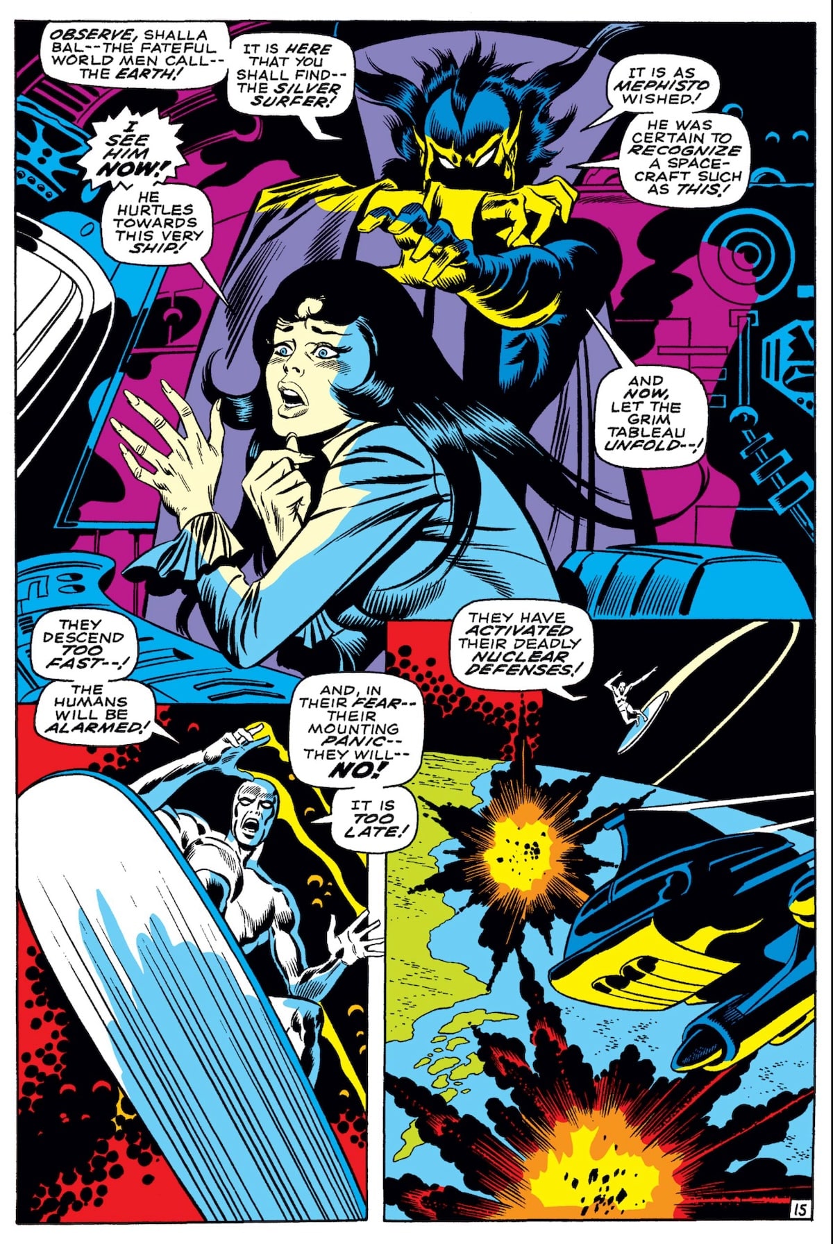 Shalla-Bal and Mephisto are under attack in a space ship. Silver Surfer tries to stop the attack.