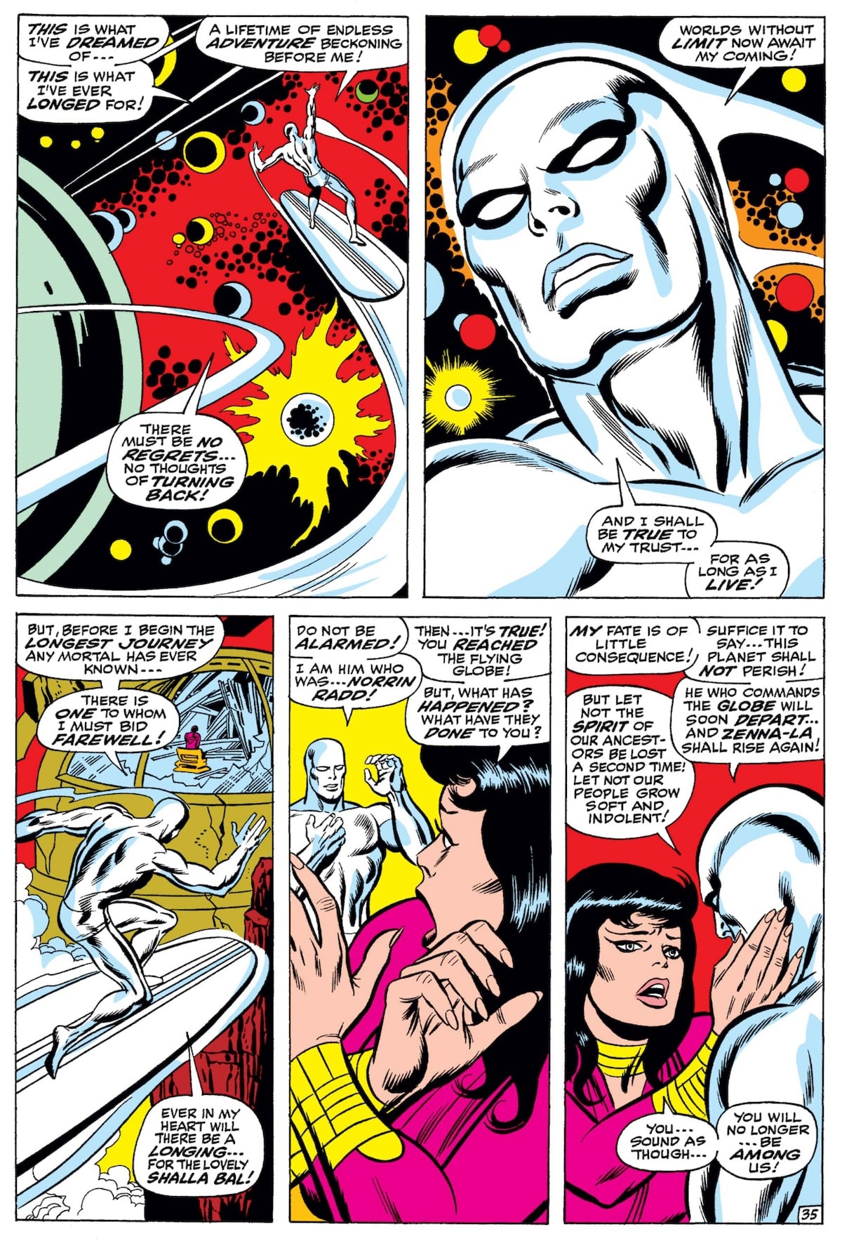Silver Surfer contemplates his new role as Galactus' herald. He tells Shalla-Bal the bad news.