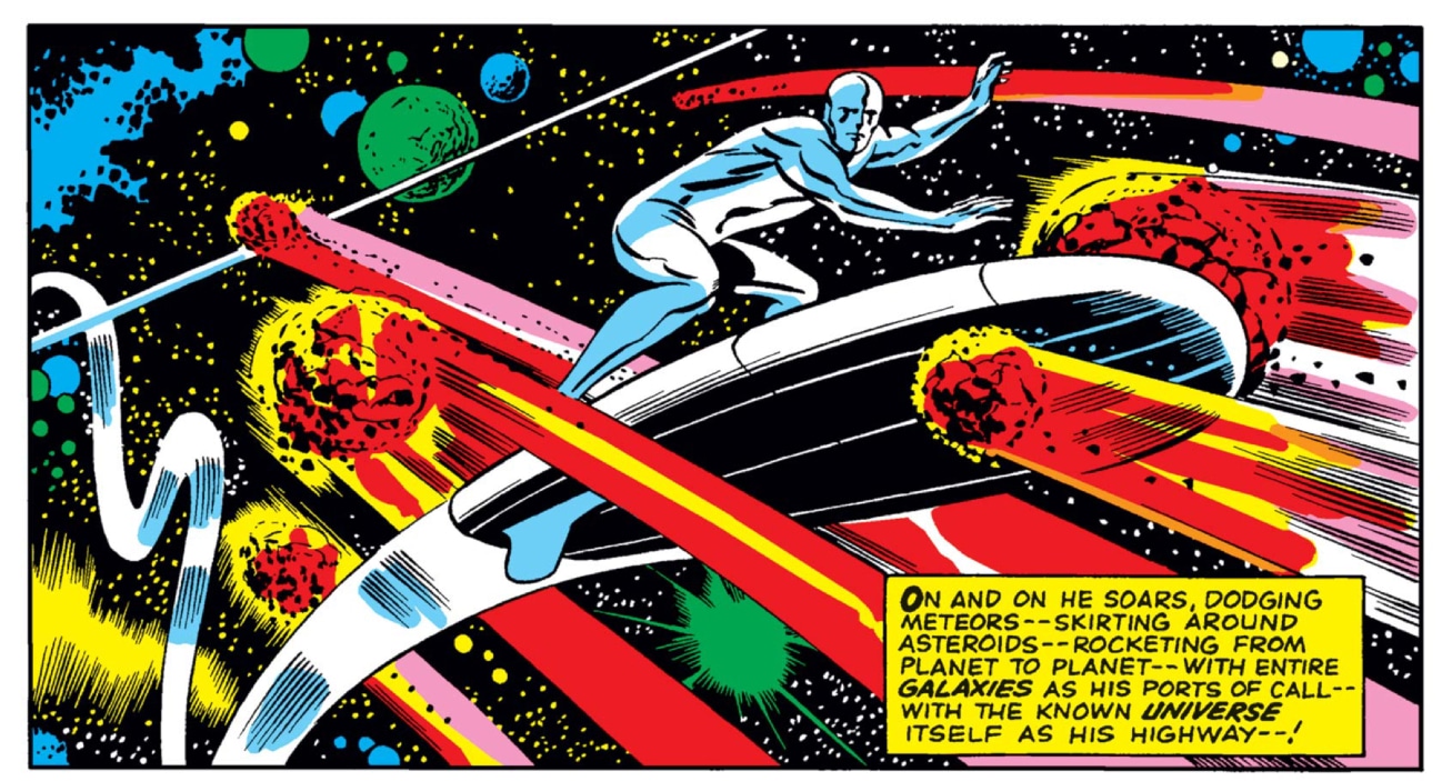 Silver Surfer avoids cosmic debris.