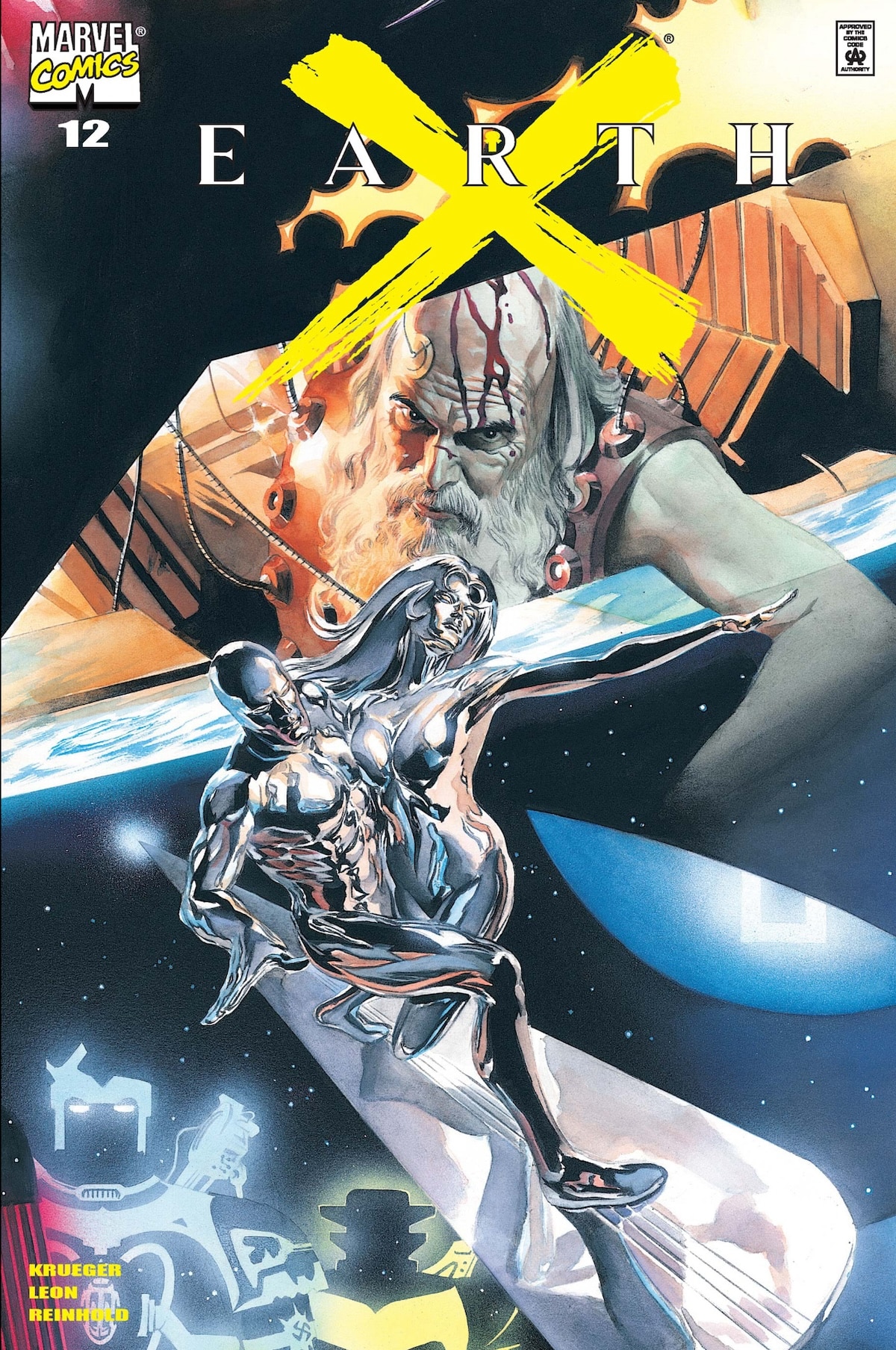 Silver Surfer and a silver Shalla-Bal in space.