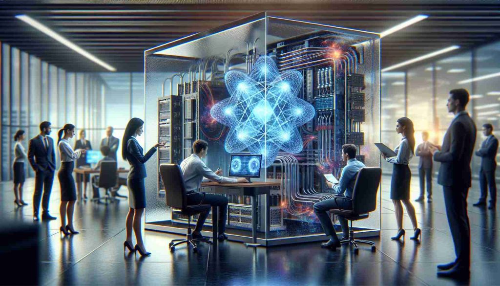 A realistic high-definition image showcasing the collaboration between a financial institution, identifiable as a bank based in Canada, and a quantum computing expert, working together on enhancing the security of future digital currency. It should depict a mixture of modern finance and advanced quantum technology. Perhaps show a portrayal of the expert interacting with a quantum computer while bank staff observes the process, all situated in a modern office environment.