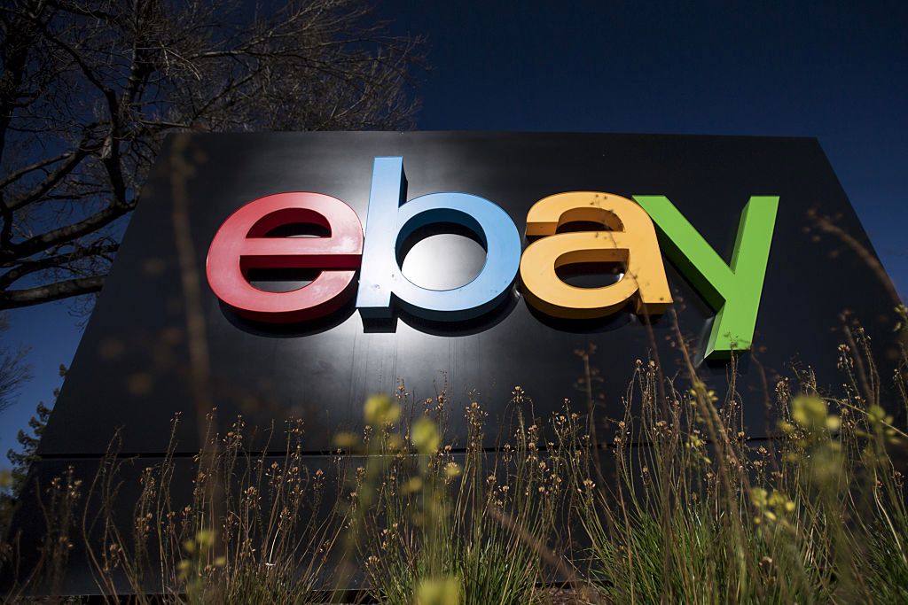 eBay Inc. signage is displayed at the entrance to the company's headquarters in San Jose, California