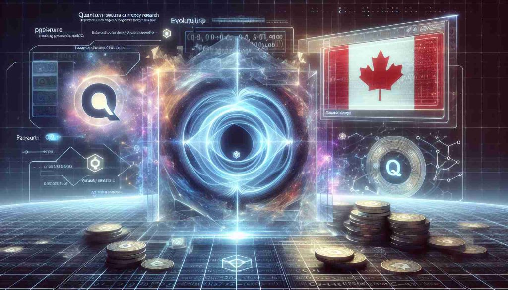 An ultra-high-definition, photorealistic image that features an abstract concept of 'EvolutionQ' partnering with 'Bank of Canada'. To represent this, imagine a digital, future-forward scene where an abstract logo of 'EvolutionQ' is incorporated into a hi-tech interface. Alongside, you can visualize the Bank of Canada's emblem, integrated into a state-of-the-art financial platform. Underneath, quantum-secure currency research is symbolized through holographic data screens, complex quantum physics equations, and futuristic digital currency symbols.