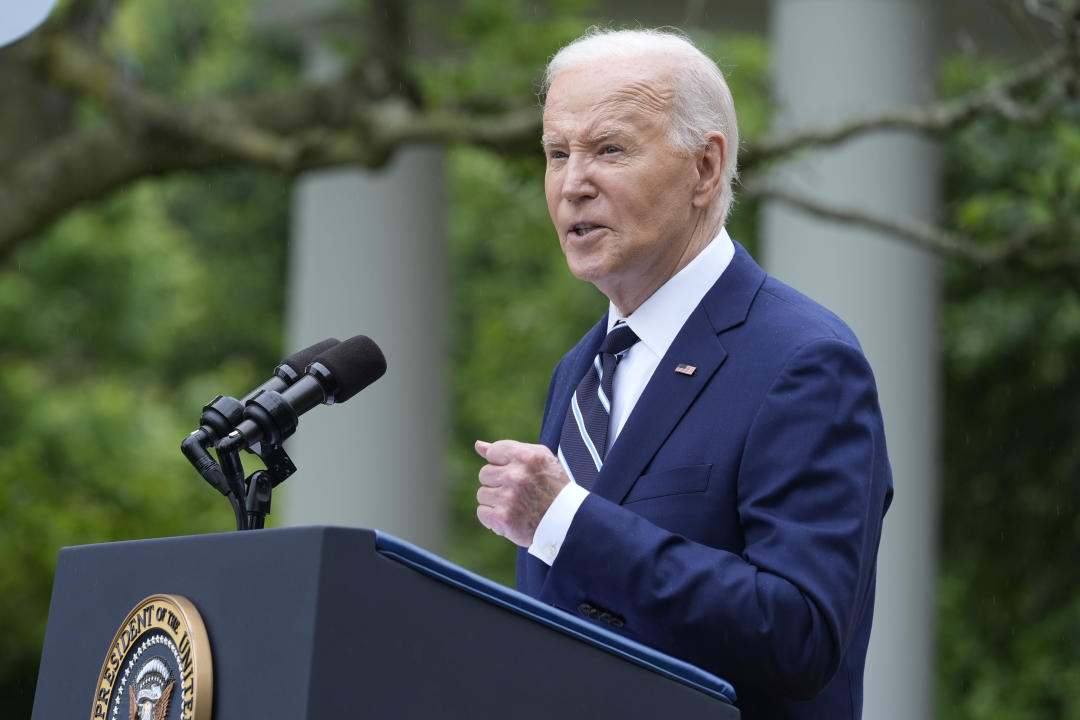 President Joe Biden speaks in the Rose Garden of the White House in Washington, Tuesday, May 14, 2024, announcing plans to impose major new tariffs on electric vehicles, semiconductors, solar equipment and medical supplies imported from China. (AP Photo/Susan Walsh)