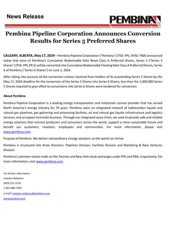Pembina Pipeline Corporation Announces Conversion Results for Series 5 Preferred Shares