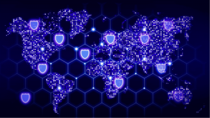 An image of a hexagon network covering the world map with glowing data centers and shield symbols. Cybersecurity stocks